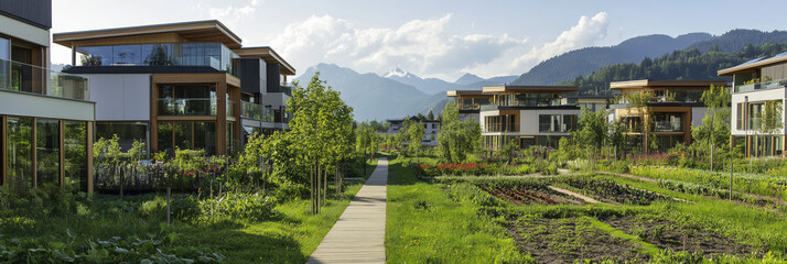 Modern eco-friendly residential community with gardens and mountain view
