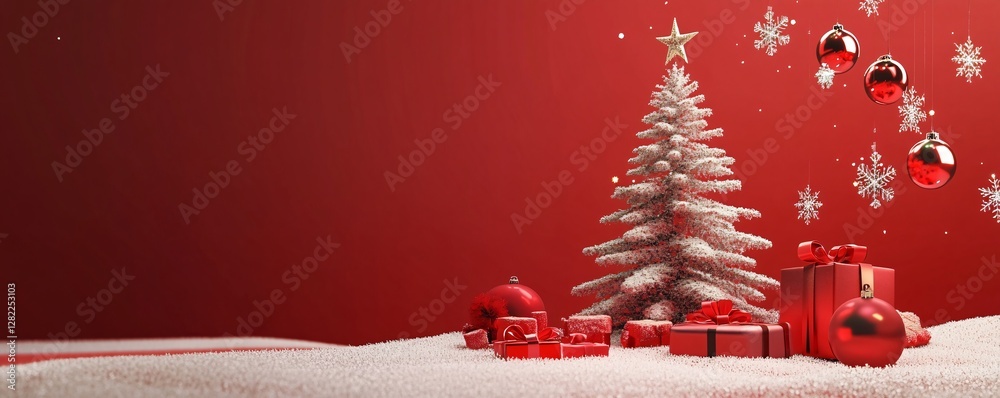 Poster white christmas tree with red baubles and gifts standing on snow with red background