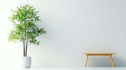 Obraz premium Tranquil Interior View With Bamboo Plant and Wooden Bench Against a Clean White Wall Backdrop