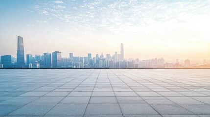 A minimalist square floor sets the stage for the bustling city backdrop.