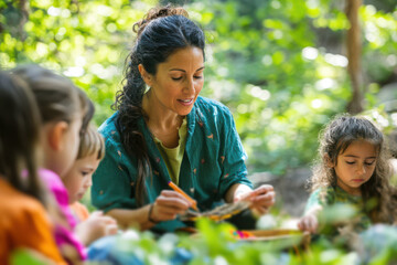 A teacher leading a nature based learning activity in an outdoor classroom