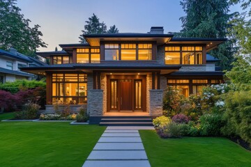 Obraz premium Beautiful modern home with large windows and landscaped garden at twilight showcasing stunning architecture and inviting exterior design
