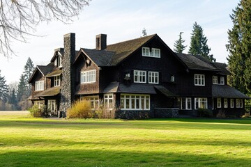 A beautifully preserved historic wooden mansion basking in sunlight, nestled amidst vibrant greenery on a serene afternoon in the countryside
