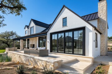Modern farmhouse in serene landscape with large windows, inviting outdoor space, and stylish architecture, showcasing a perfect blend of comfort and elegance