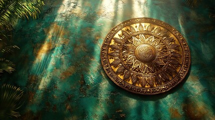 Golden ornate disc on teal wall, sunlit jungle background