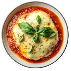 an overhead view of a round plate featuring a delicious parmigiana topped with melted cheese and rich tomato sauce, garnished with fresh basil leaves, isolated on a pure white background.