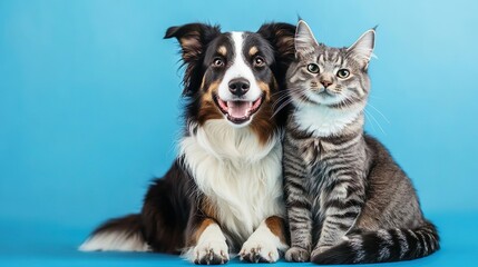 Fototapeta premium Joyful Border Collie and Cat Friendship on Blue Studio Background