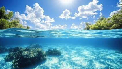 Fototapeta premium Vibrant seascape depicting the beauty of underwater and surface views.