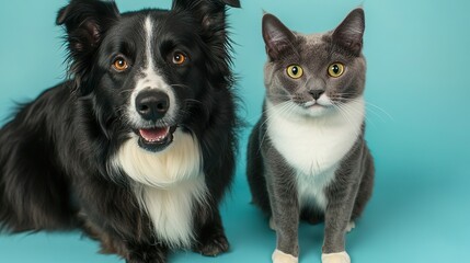Obraz premium Happy Border Collie Dog and Curious Cat on Blue Background