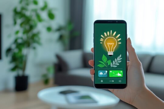 Smartphone Displaying Energy Efficiency App with Eco Friendly Ambiance in Modern Living Room