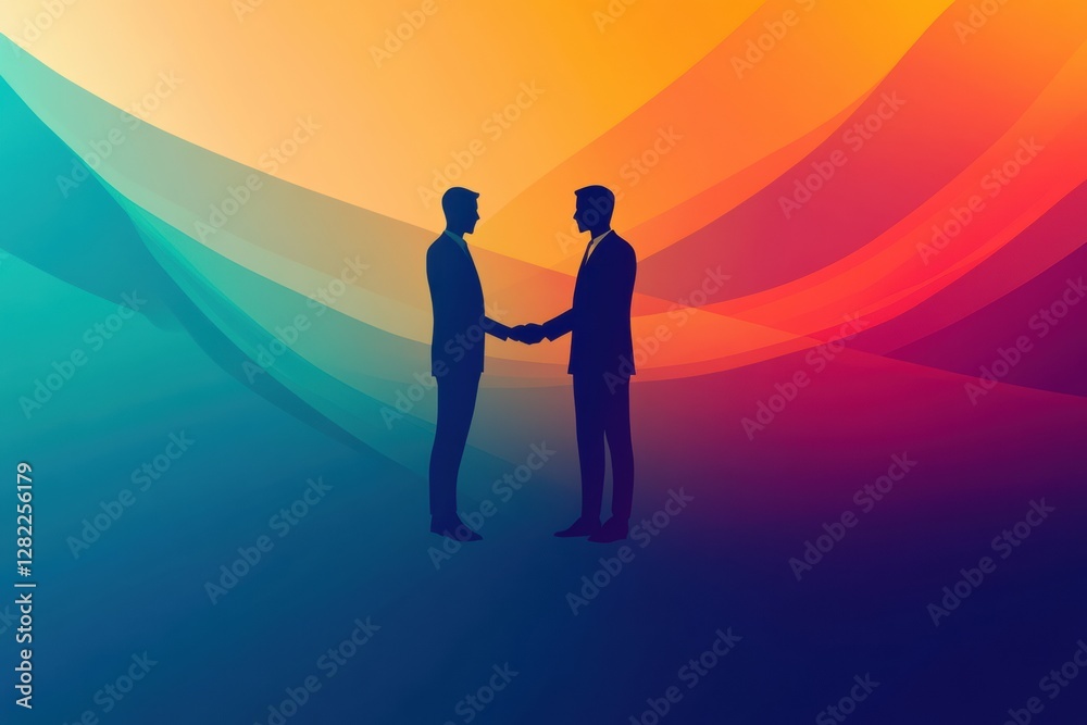 Aufkleber Silhouettes of two businesspeople shaking hands in an abstract colorful background representing a successful partnership. Generative AI