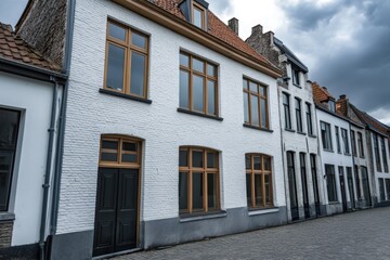 Fototapeta premium Historic architecture in a quiet European street under a cloudy sky during the late afternoon reveals the charm of traditional buildings with wooden accents