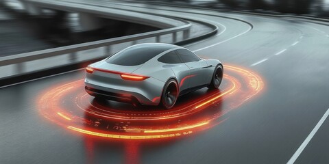 Obraz premium Futuristic Electric Vehicle on Digital Highway with Advanced Technology Interfaces and Neon Lighting