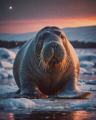Fototapeta premium Front view of a large walruses in a snowy icy landscape