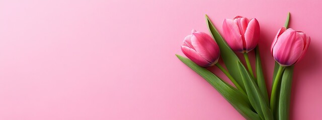Obraz premium Soft Pink Tulips with Green Leaves on Minimalistic Background