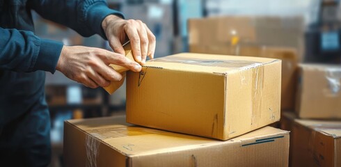 Packing and Sealing Cardboard Box for Shipping in Warehouse with Tape