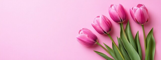 Obraz premium Pink Tulip Flowers on Pink Background Minimalistic Floral Composition