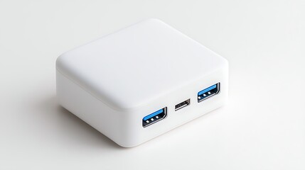 White Power Adapter Station Offering Dual USB Ports and a Type C Connection on a Clean White Surface