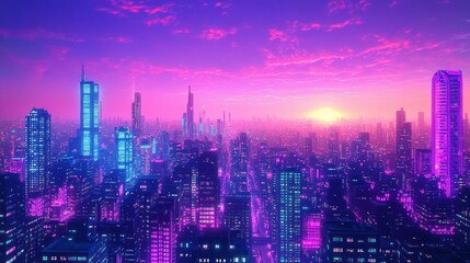 Fototapeta premium Futuristic Cityscape with Neon Lights and Skyscrapers at Dusk in Cyberpunk Art Style