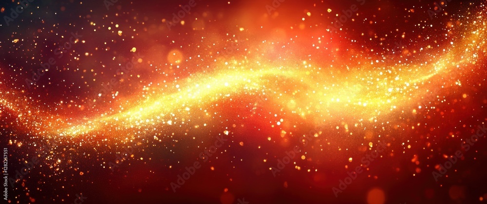 Poster golden christmas star in shiny red abstract background with sparkling particles and light effects