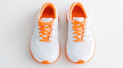 White Sport Shoes with Orange Laces on White Background Viewed from Above for Exercise and Running