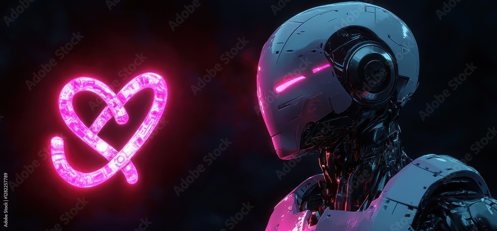 Poster futuristic robot in dark environment with pink infinity symbol in cyberpunk art style