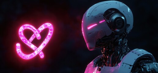Futuristic Robot in Dark Environment with Pink Infinity Symbol in Cyberpunk Art Style