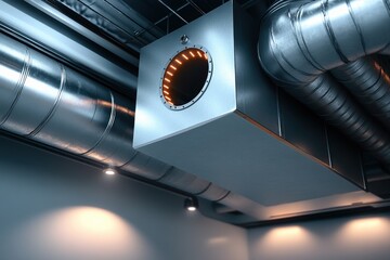 Modern Ventilation System with Heat Recovery and Air Conditioning in House Service Room Mounted on Ceiling