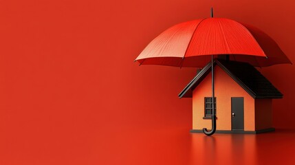A vibrant red umbrella shelters a small orange house against a bold red background, symbolizing protection