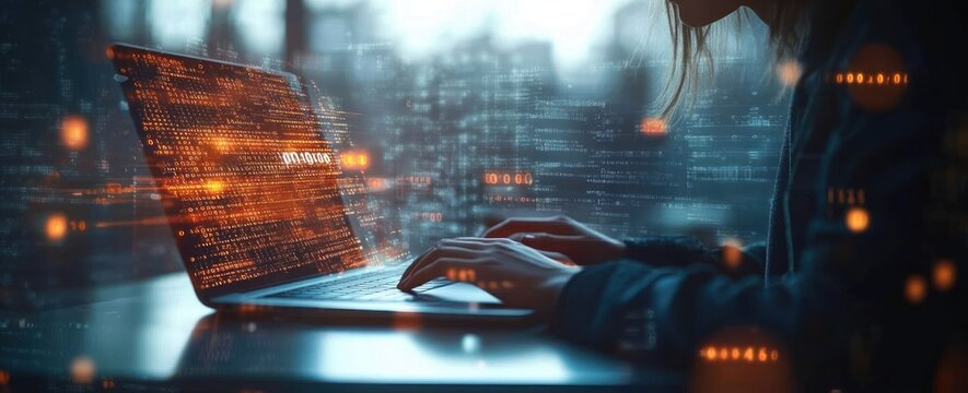 Software Development and Digital Technology Concept with Programmer Coding on Laptop in Glowing Binary Code Environment