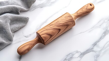 Wooden Rolling Pin on Marble Surface Next to Gray Towel A Baking Utensil for Culinary Arts and Home Kitchen Use