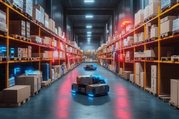 Robotic Delivery Drones in Futuristic Warehouse with Neon Lighting and Smart Automation Technology