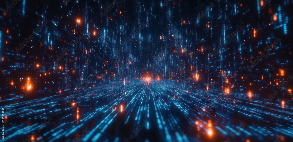 Poster Futuristic Cyberpunk Digital Landscape with Binary Code and Depth of Field Effect for AI and Big Data Concepts