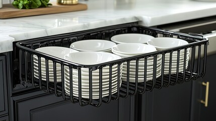 Obraz premium Kitchen dish drawer pulled out with stacked white bowls and plates