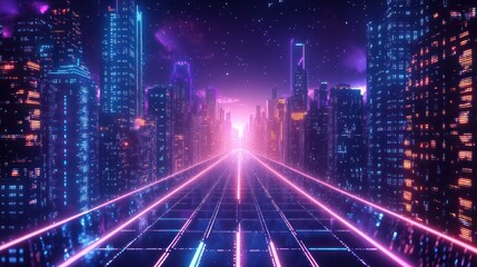 Neon Pathway in Cyberpunk Cityscape at Night with Glowing Lines and Misty Haze
