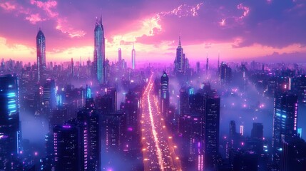Fototapeta premium Futuristic Cyberpunk Cityscape at Dusk with Neon Lights and Skyscrapers
