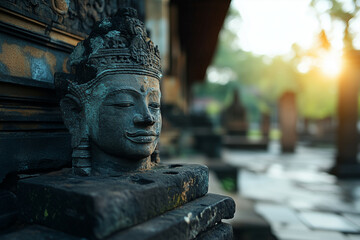 A close-up shot of a weathered stone carving on an ancient temple wall, with dramatic lighting highlighting intricate details. The image evokes a sense of lost civilizations and cultural depth.