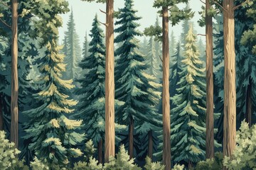 Majestic pine forest, sunlit canopy, tranquil scene, nature background, ideal for wall art