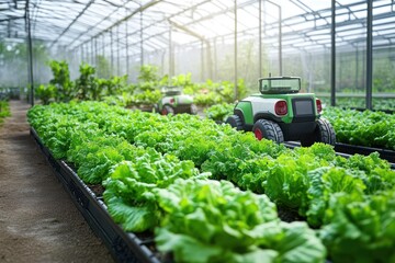 Futuristic Greenhouse with Autonomous Farming Robots and Smart Agriculture Technology
