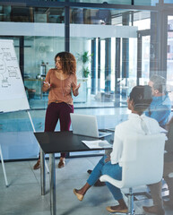 Presentation, coaching and mind map with business woman in office for ads specialist, seo...