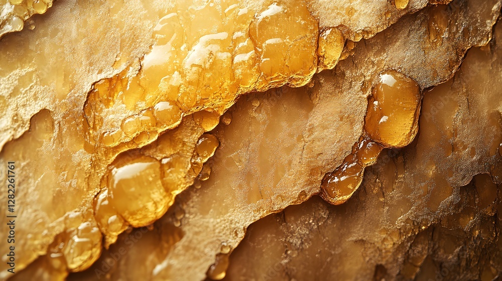 Poster abstract macro photo of amber resin with a golden texture and glossy drops. amber resin abstract mac