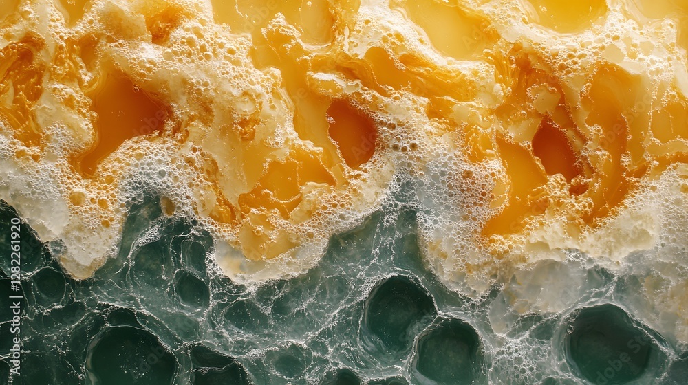 Poster Close-up of an abstract image showing a mesmerizing swirl of amber and teal liquids with frothy foam and bubbles. Abstract Amber and Teal Liquid Swirl: A Captivating Blend of Colors and Textures