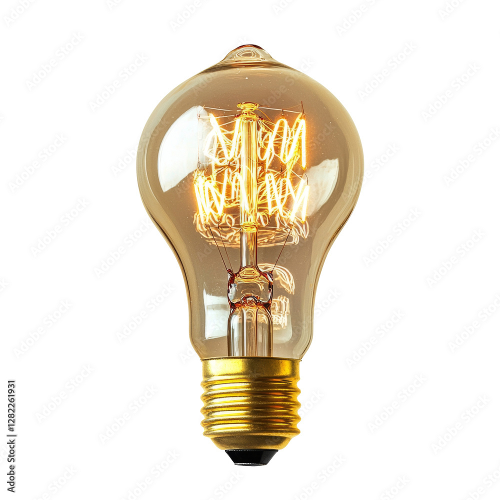 Poster vintage light bulb with warm glow, showcasing intricate filament design. Perfect for adding nostalgic touch to any space