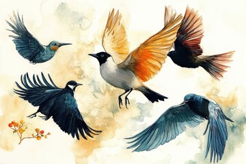 Fototapeta premium Collection of Colorful Water Birds and Waterfowl Ducks Flamingos Pelicans Herons Cranes Swans in Watercolor Style