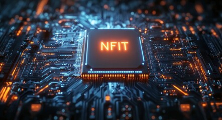 Digital Art of Glowing NFT Chip on Circuit Board in Cyberpunk Style Illuminated by Neon Lights