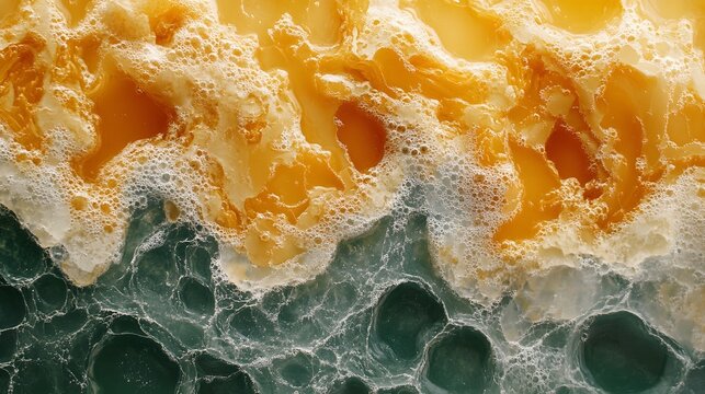 Close-up of an abstract image showing a mesmerizing swirl of amber and teal liquids with frothy foam and bubbles. Abstract Amber and Teal Liquid Swirl: A Captivating Blend of Colors and Textures