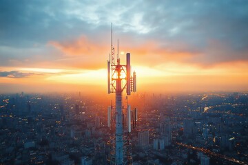 Telecommunication Tower 5G Cellular Network Antenna with Aerial Cityscape at Sunset