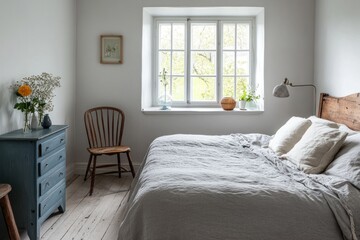 Bright bedroom with linen bedding, wooden chair, and antique dresser.