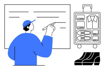 Person drawing on a whiteboard while a suitcase and pair of shoes are nearby. Ideal for travel organization, planning, productivity, packing, efficiency, strategy, preparation. Abstract line flat