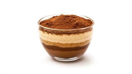Layered Tiramisu dessert in glass bowl. Food photography for menu, recipe, or blog
